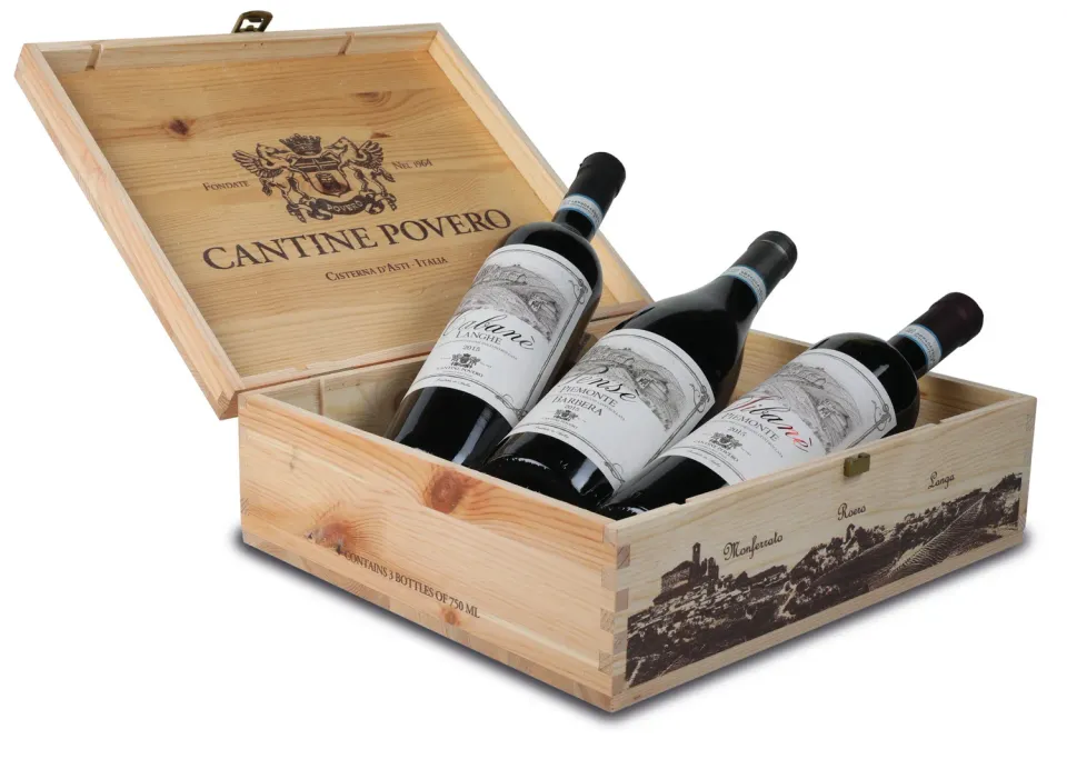 Cantine Povero Intensi Piaceri set 3 vinuri rosii lada lemn